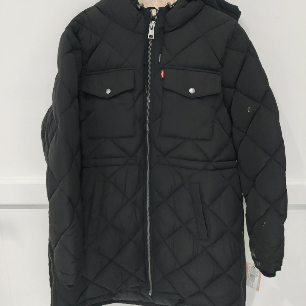 NWT Levi's Women Long Fleece Lined Full Zip Puffer Jacket Sz 1X Black $200 CC134